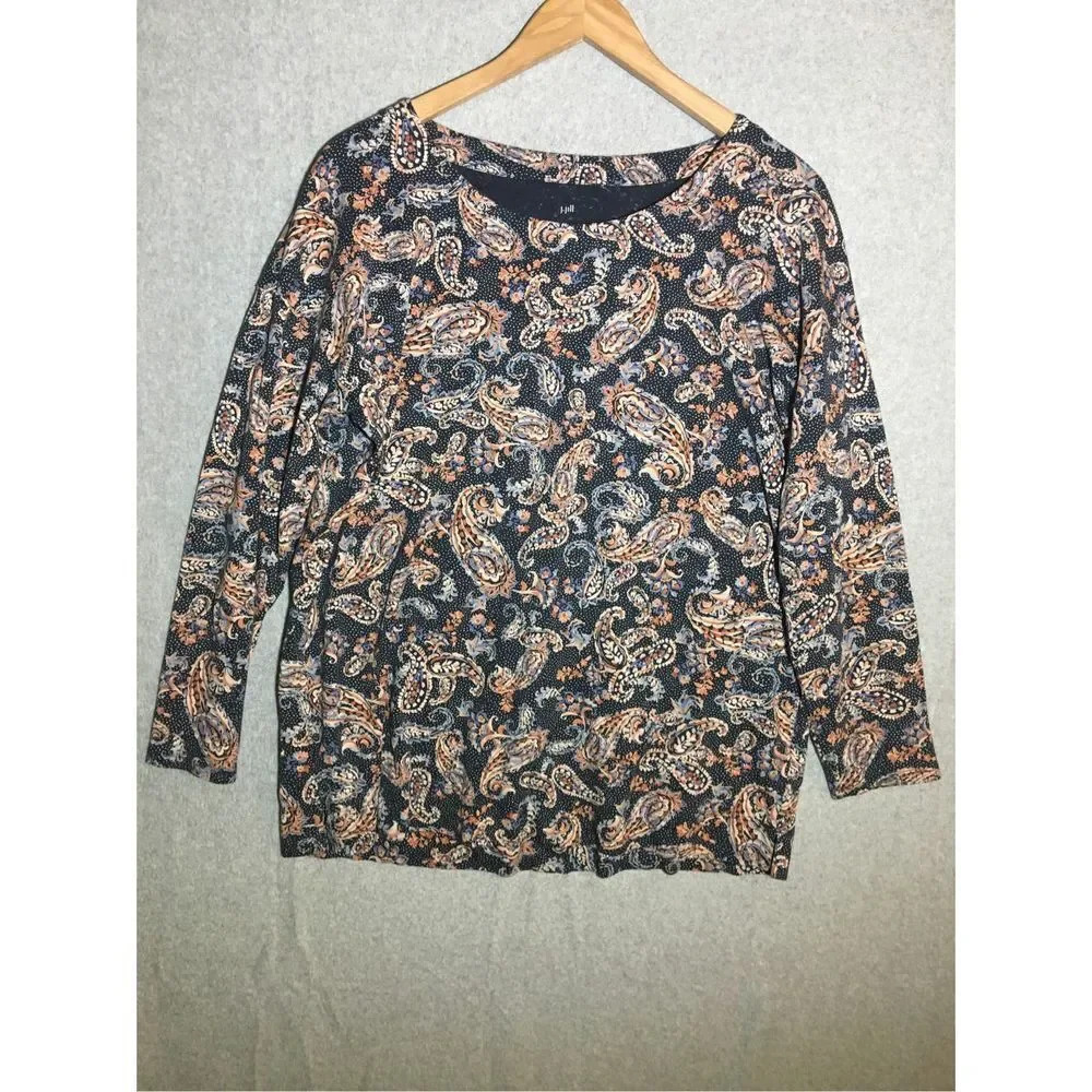 Womens J Jill Blouse Simply Supima Scoop Neck Tunic Cotton Paisley Print Casual
